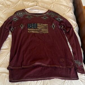 Double D Ranch Burgundy Long Sleeve Tee with Flag Pattern L
